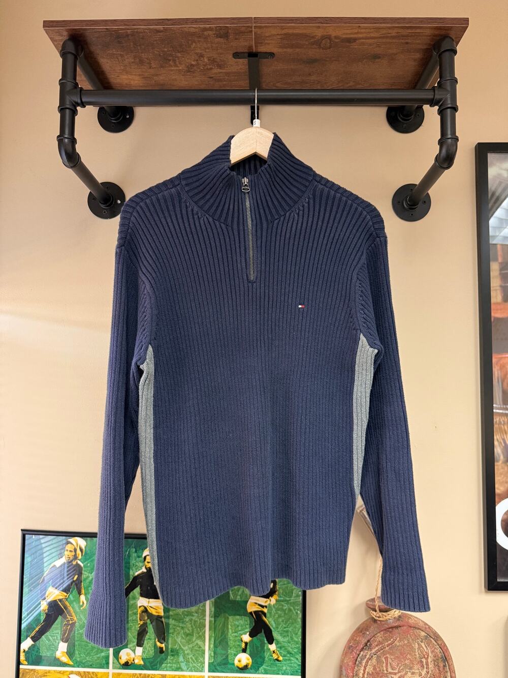 Y2K Tommy Hilfiger Vintage Navy Blue 1/4 Zip Ribbed Knit Mockneck Sweater Kith
